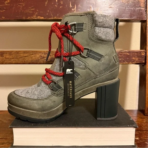 SOREL Blake Lace Quarry Waterproof Hiker Bootie Quarry Gray Red Laces - Picture 5 of 15